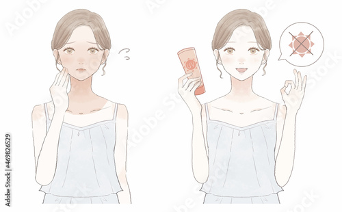 日焼けに悩む女性のビフォーアフター　日焼け止めの効果のイメージ。