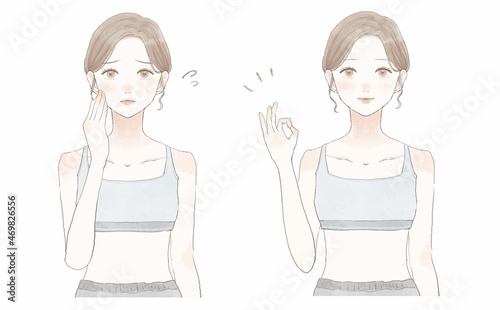 スポーツウェアを着た悩んでいる女性のビフォーアフター　OKサイン