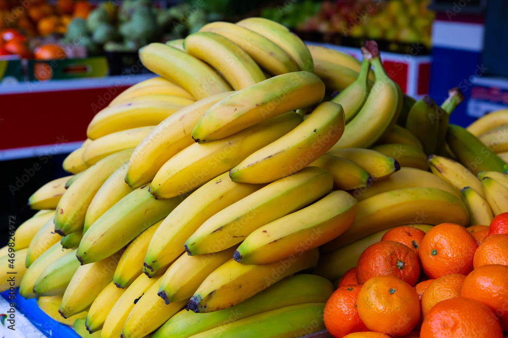 Image of fresh bananas on the counter in supermarket, nobody