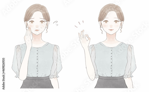 悩んでいる女性のビフォーアフター　OKサイン