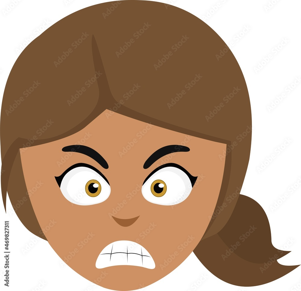 Vector illustration of the face of a young cartoon brunette woman with an angry expression