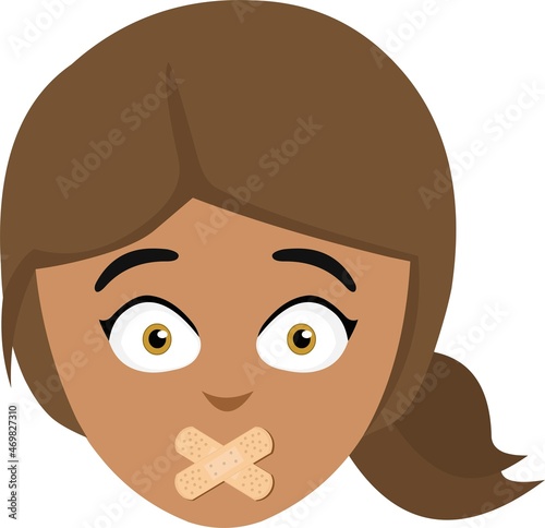 Vector illustration of the face of a cartoon brunette woman, with adhesive bands on her mouth in the concept of making silence or shut up