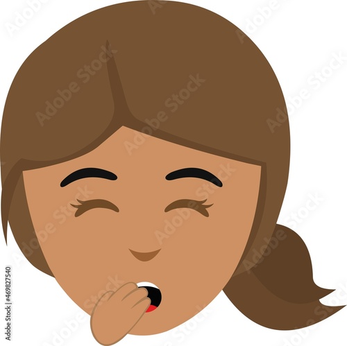 Vector illustration of the face of a cartoon brunette woman, yawning and covering her mouth with her hand