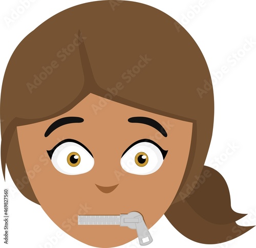 Vector illustration of the face of a young brunette woman with a zipper in her mouth