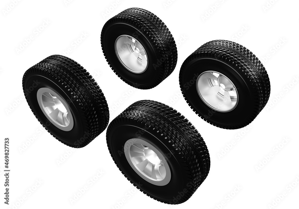 Black car tires with silver rims. Four wheels from car on white