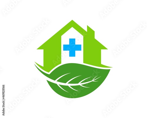 Simple hospital house with green nature leaf