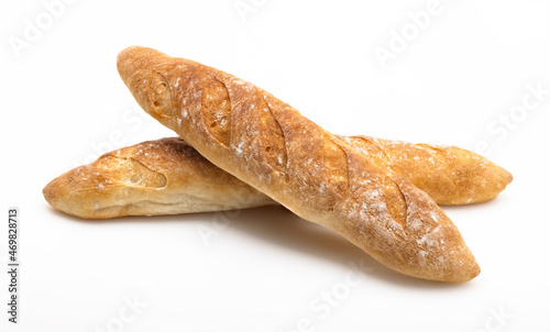 French freshly baked baguette on white background