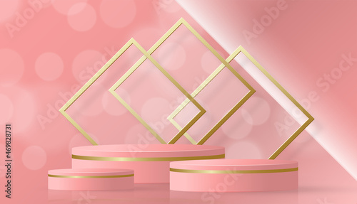 3d Round podium stage with nice and creative symbols on paper cut style with color background for cosmetics brand design and advertising