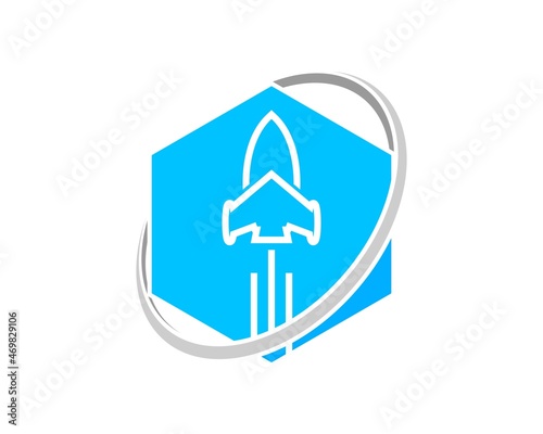 Hexagonal shape with oval swoosh and rocket inside