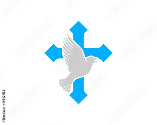 Religion cross with flying pigeon inside