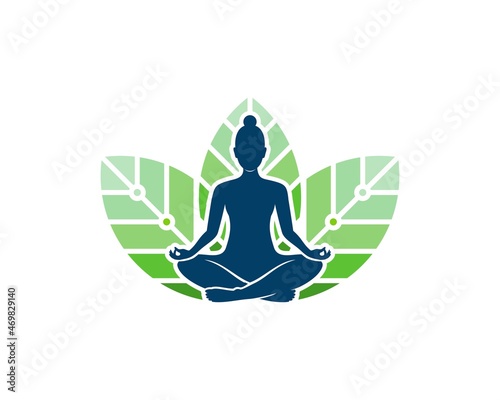 Women yoga with technological leaf behind