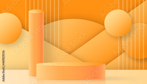 3d Round podium stage with nice and creative symbols on paper cut style with color background for cosmetics brand design and advertising