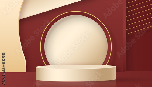 3d Round podium stage with nice and creative symbols on paper cut style with color background for cosmetics brand design and advertising