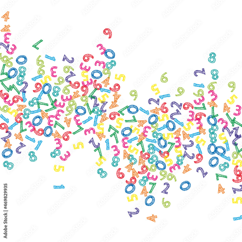 Falling colorful sketch numbers. Math study concept with flying digits. Quaint back to school mathematics banner on white background. Falling numbers vector illustration.