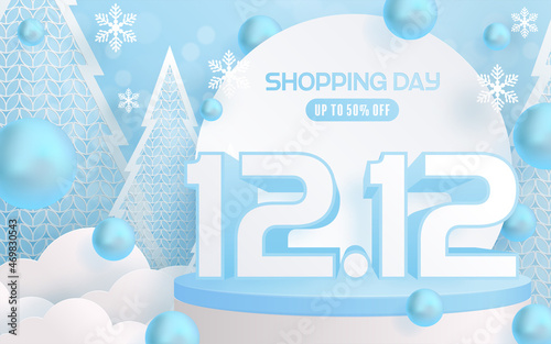 12.12 Shopping festival, Speech marketing banner design on  winter background and round podium, snow, and Floating ribbon with craft style.