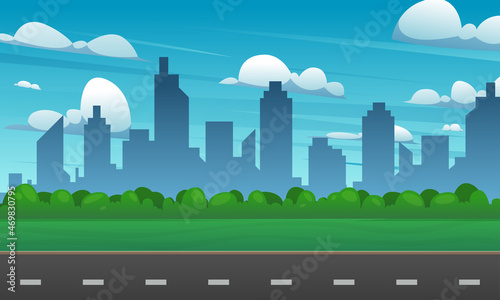 Highway in the city with buildings and blue sky