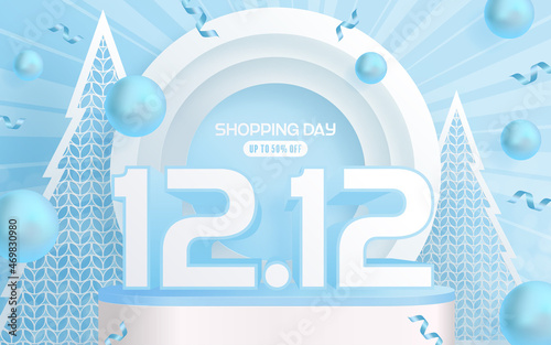 12.12 Shopping festival, Speech marketing banner design on  winter background and round podium, snow, and Floating ribbon with craft style.
