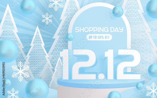 12.12 Shopping festival, Speech marketing banner design on  winter background and round podium, snow, and Floating ribbon with craft style.