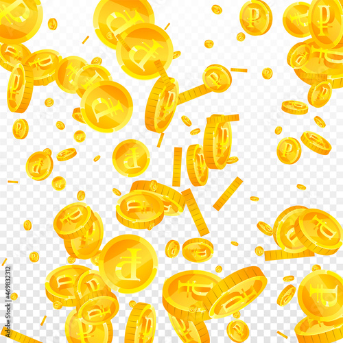 Fototapeta Naklejka Na Ścianę i Meble -  Russian ruble coins falling. Dramatic scattered RUB coins. Russia money. Fine jackpot, wealth or success concept. Vector illustration.