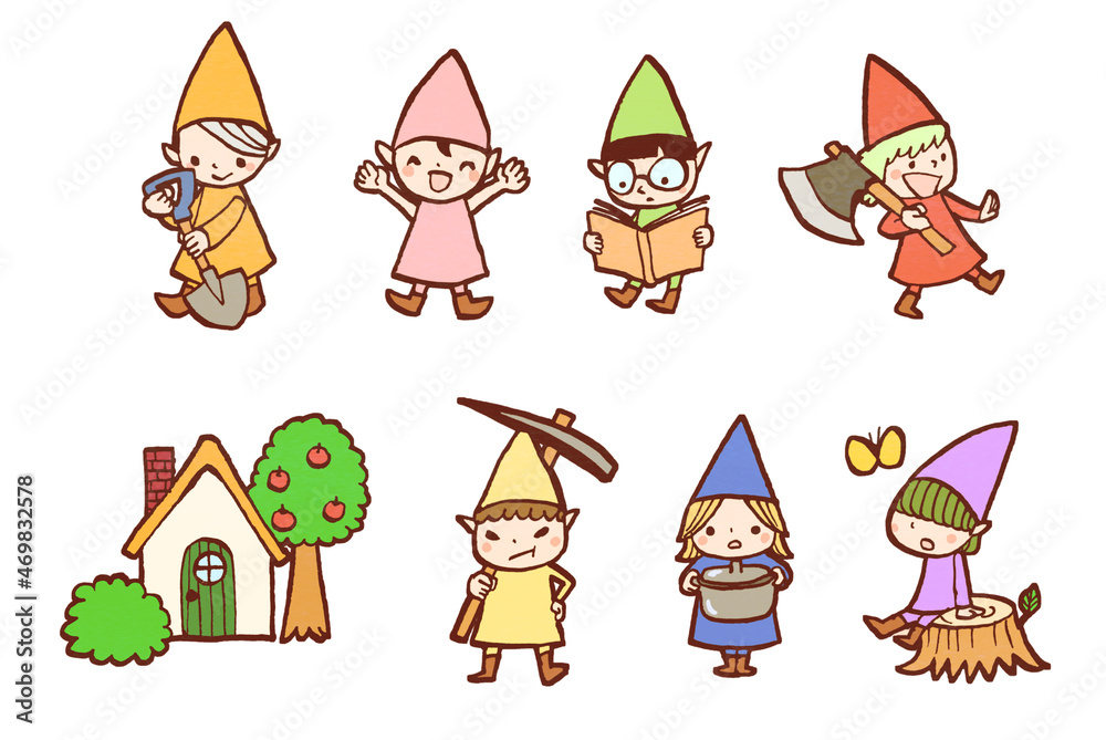 白雪姫の7人の小人と家のイラストセット Stock Illustration Adobe Stock
