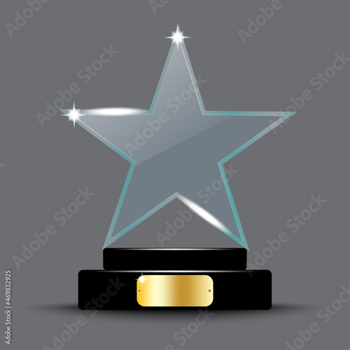 Glass trophy star emblem. Winner concept. Gray background. Sport time. Bright design. Vector illustration. Stock image. 