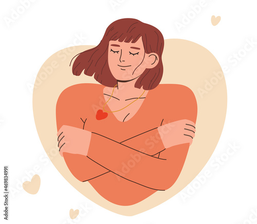 Smiling woman hugging herself. Love yourself, self care, body care, self acceptance, body positive concept. Hand drawn vector colorful flat cartoon style illustration