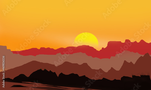 Sun Beautiful Mountain on a Desert in a Sunset Summer