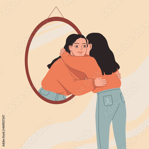 Young woman hugging her own reflection in the mirror. Love yourself, self care, self acceptance concept. Hand drawn vector colorful funny cartoon style illustration photo