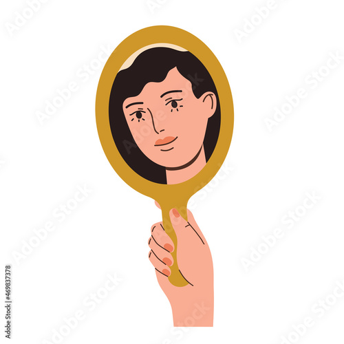 Happy beautiful woman looking in the mirror and smiling. Love yourself, self acceptance concept.  Hand drawn vector colorful funny cartoon style illustration