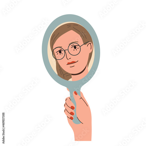 Happy beautiful woman looking in the mirror and smiling. Love yourself, self acceptance concept.  Hand drawn vector colorful funny cartoon style illustration