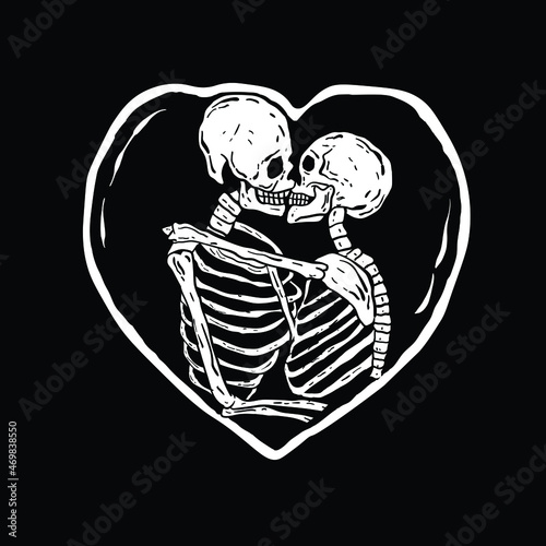 skull kiss full of love black and white hand drawn illustration vector
