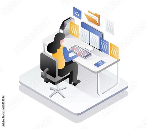 Woman working at computer desk with lots of information data