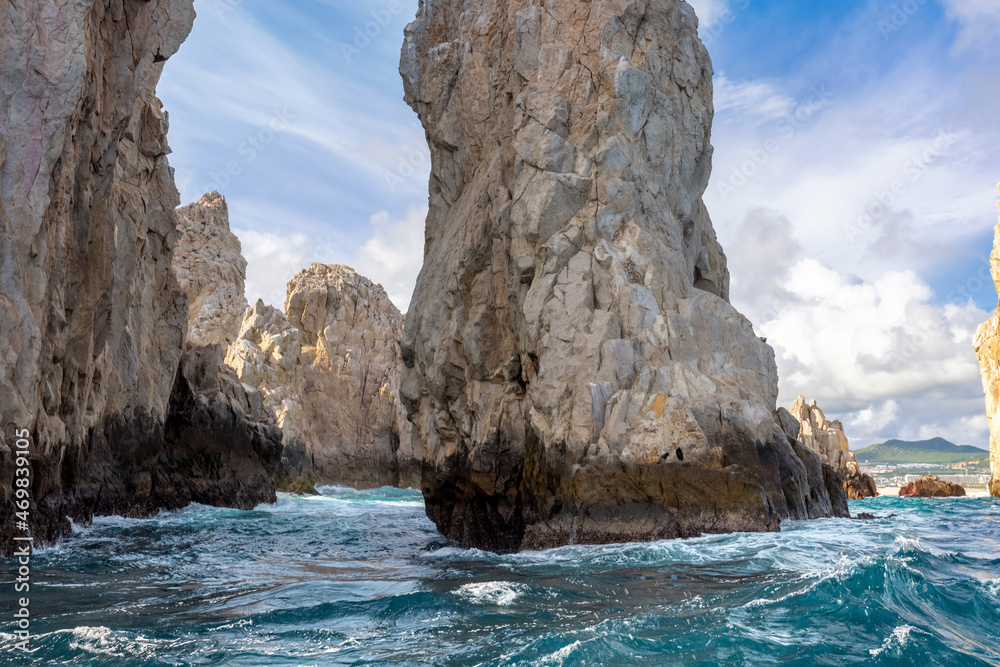 Scenic landmark tourist destination Arch of Cabo San Lucas, El Arco, whale watching and snorkeling spot.