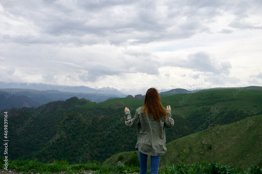 Woman tourist mountains travel landscape nature vacation Woman tourist mountains travel landscape nature vacation