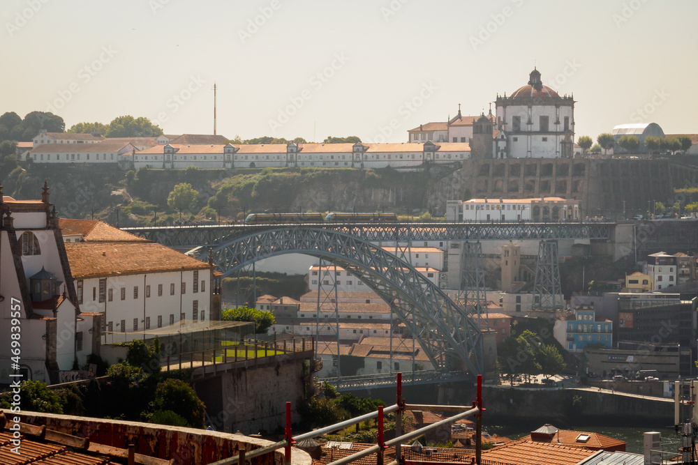 View of the iconic Luis I metal bridge over the Douro in Porto from the Belvedere in Vitoria