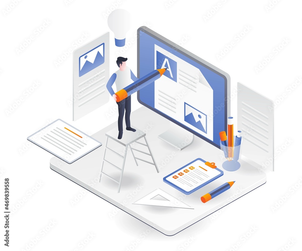 Fototapeta premium Men insert ideas into blog and web content