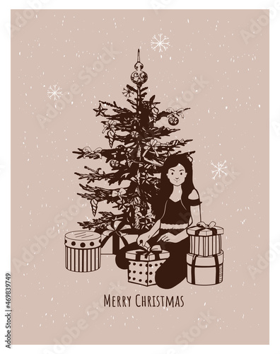 christmas card vector sketch. girl kneeling. girl sits under the christmas tree. woman sits on her knees. girl opens a gift drawing. vector illustration. hand drawing. eps