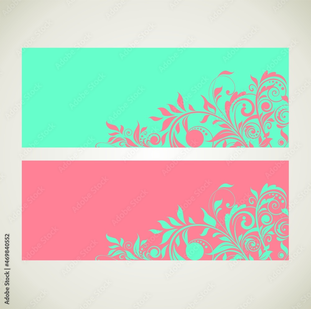 Abstract floral horizontal banners in mint and pink color theme with place for text. Variation of backgrounds for posts, social network, flyer, card, sale