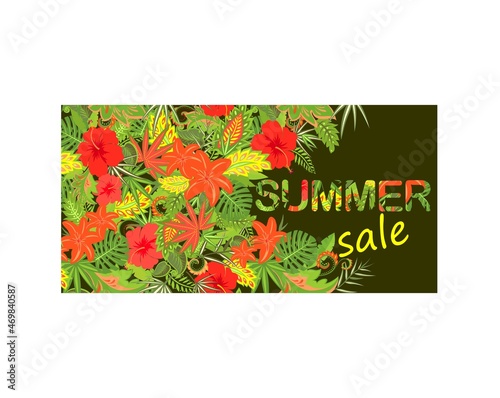 Summer sale banner design template with exotic flowers and tropical leaves for online shopping, advertising and website