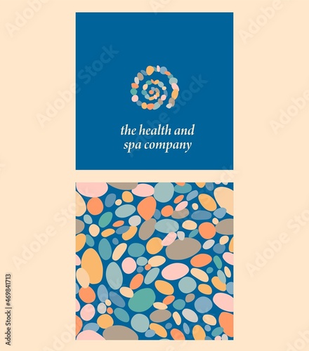 Logo design with colorful pebbles arranged in a spiral and marine seamless wallpaper on blue background. Health and spa concept