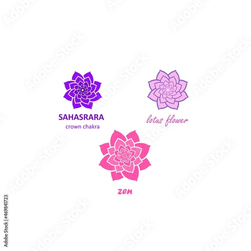 Pink lotus flower pattern and violet Seventh crown chakra Sahasrara for logo template isolated on white background. Mandala variation. Oriental indian, japanes, chinese style
