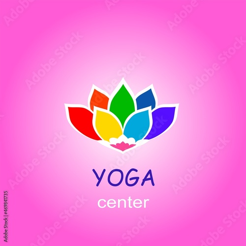 Yoga logo for visiting, business card, web banner, signboard with Lotus flower icon with colorful petals on rose background