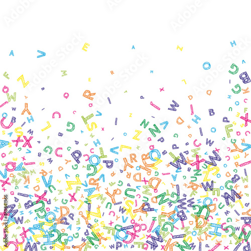 Falling letters of English language. Colorful messy sketch flying words of Latin alphabet. Foreign languages study concept. Admirable back to school banner on white background.