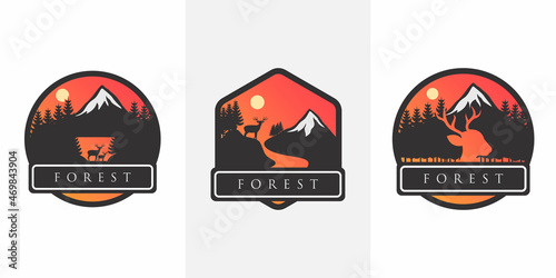 Set of mountain travel emblems. Camping outdoor adventure emblem, badge and logo design patch. Mountain tourism, hiking. Jungle camp label in vintage style