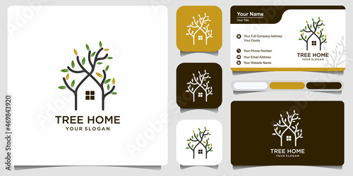 Illustration of Tree House Logo Design Template with business card . Tree Home logotype Design vector, Nature eco House Logo Print