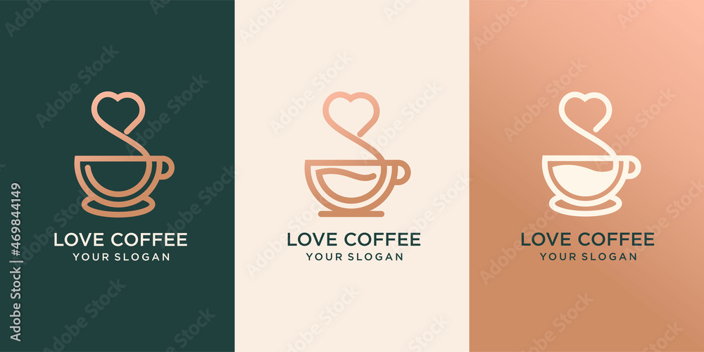 Set of Cup of coffee with heart shaped smoke, print for clothes, t-shirt, emblem or logo design, vector illustration. Continuous line drawing.