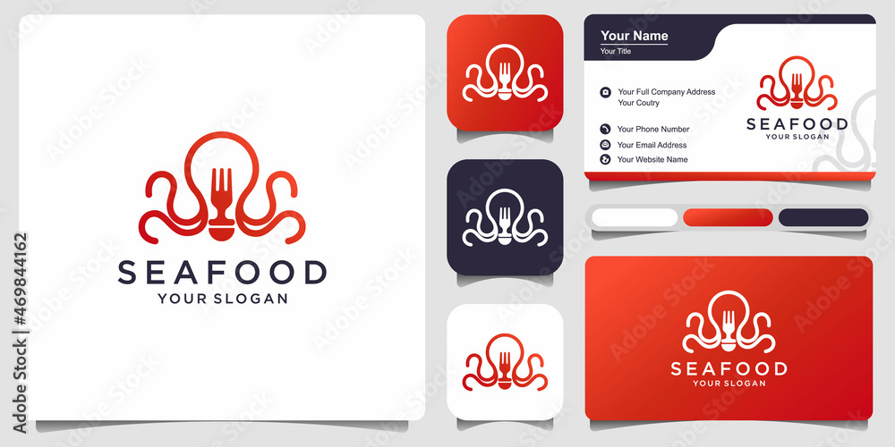 Template for logo, label and emblem with seafood with business card . Vector illustration.
