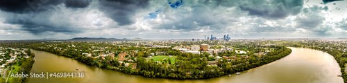 Aerial panorama of Brisbane River and City