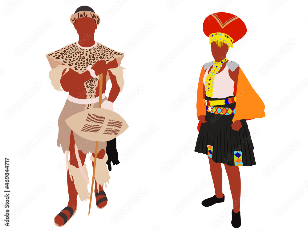 South African zulu man and women in traditional outfit illustration - obrazy, fototapety, plakaty 
