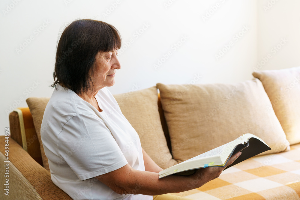 Portrait of an elderly woman reading book on couch at home. Caucasian pensioner spends her free time at home with a book. Portrait of an elderly woman reading book on couch at home. Caucasian pensioner spends her free time at home with a book.